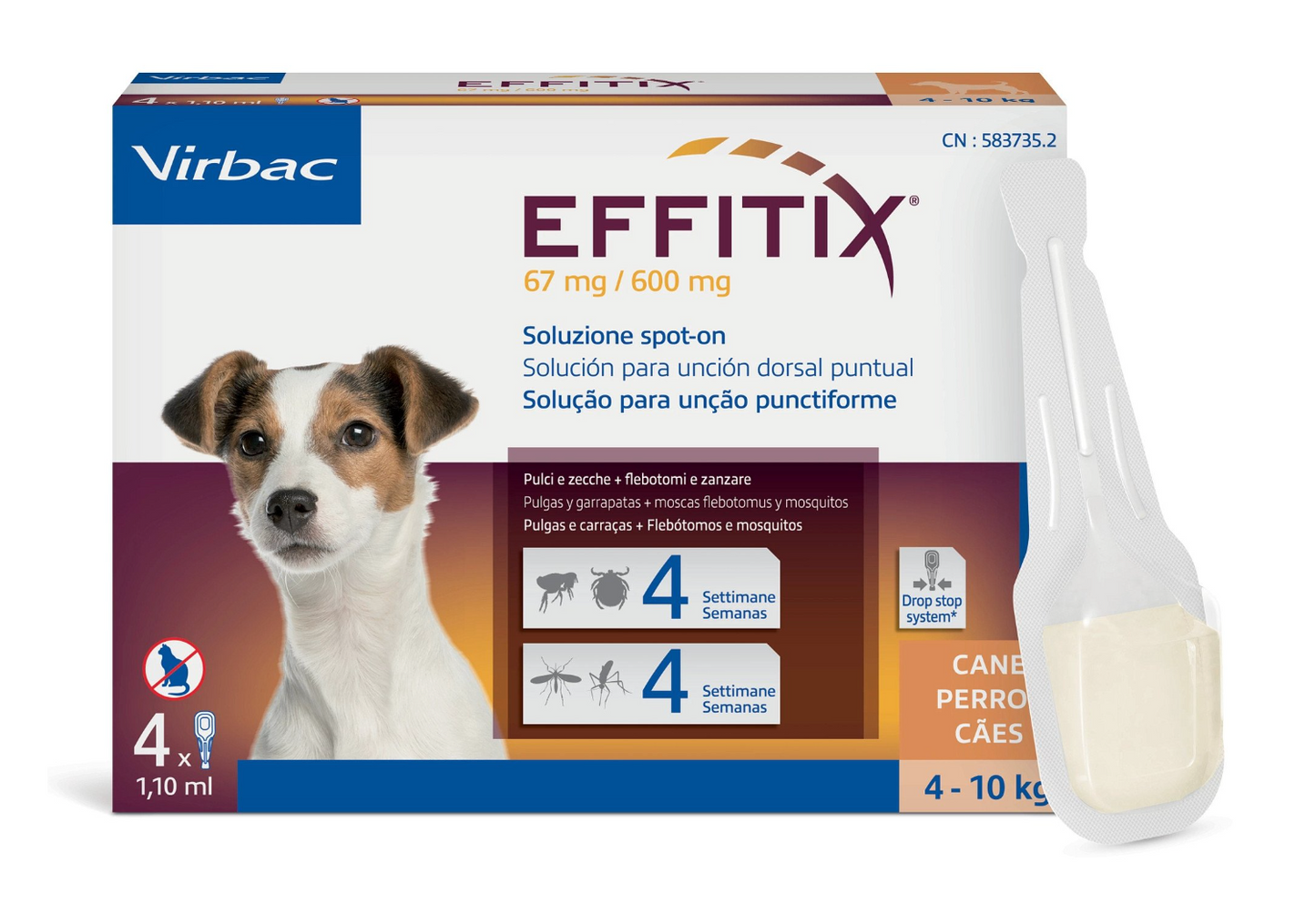 Virbac - Per Cani Effitix Small 4-10 Kg 4 Pipette 1,10 Ml 67 + 600 Mg