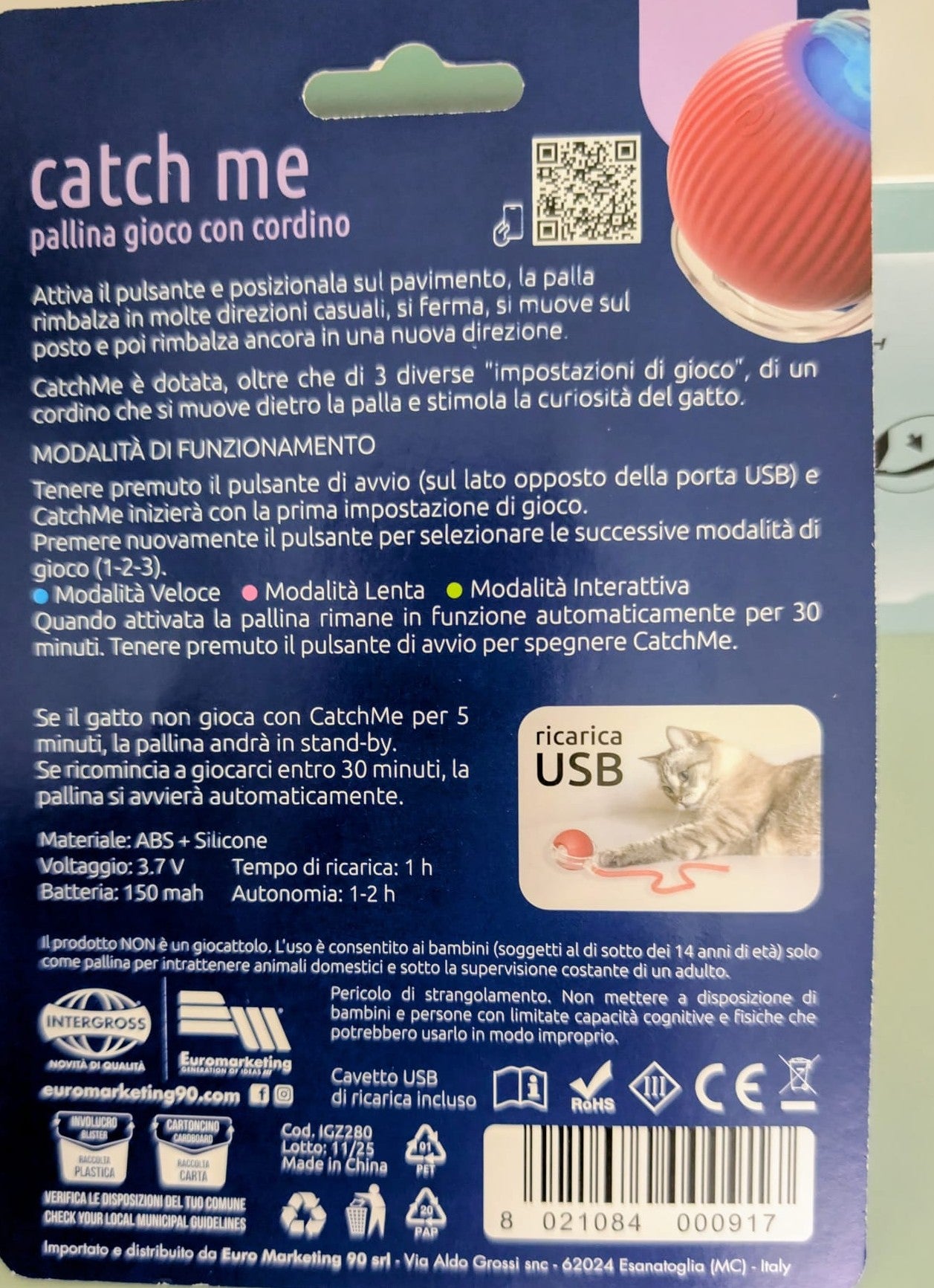 Catch Me - Pallina gioco per gatti con cordino ricaricabile