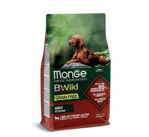 MONGE Natural Superpremium BWild Grain Free per Cane Adult All Breeds con Agnello, Patate e Piselli da 12 Kg