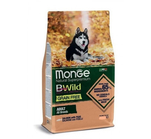 MONGE NATURAL Superpremium BWild Grain Free per Cani Adulti All Breeds con Salmone e Piselli da 12 Kg