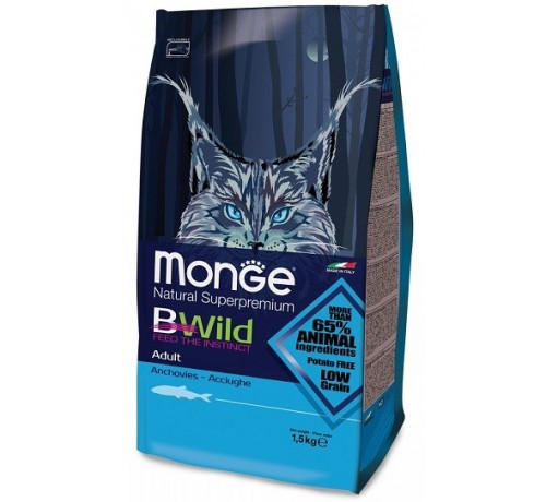 MONGE NATURAL Superpremium BWild Low Grain per Gatti Adulti con Acciughe da 1,5 Kg