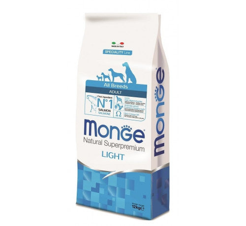 MONGE NATURAL Superpremium Light per Cane Adult All Breeds con Salmone e Riso da 12 kg
