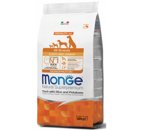 MONGE NATURALSuperpremium Monoprotein per Cani Puppy/Junior All Breeds con Anatra, Riso e Patate da 12 kg