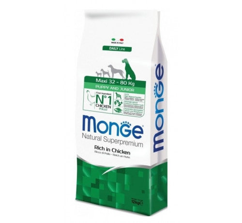 MONGE NATURAL Superpremium per Cane Puppy & Junior Maxi Ricco in Pollo da 12 Kg
