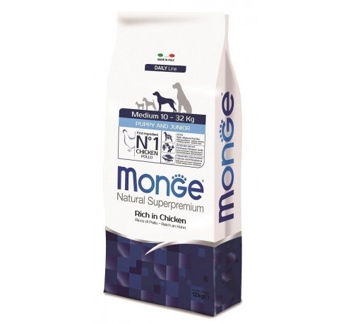MONGE NATURAL Superpremium per Cane Puppy & Junior Medium Ricco di Pollo da 12 Kg