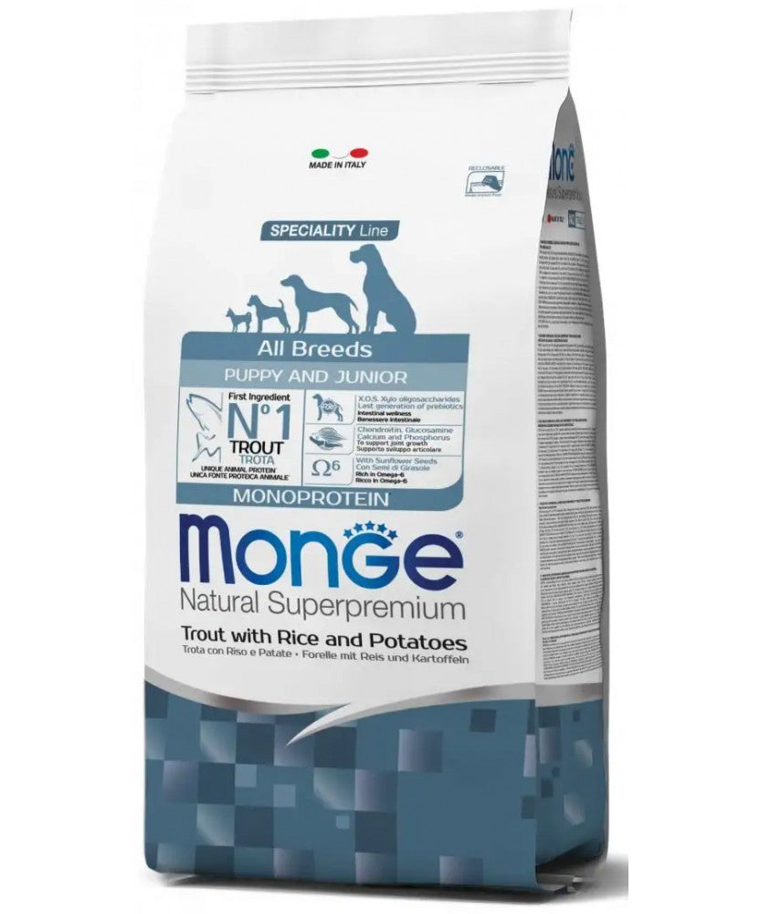 MONGE NATURAL Superpremium per Cane All Breeds Puppy con Trota, Riso e Patate da 12 Kg