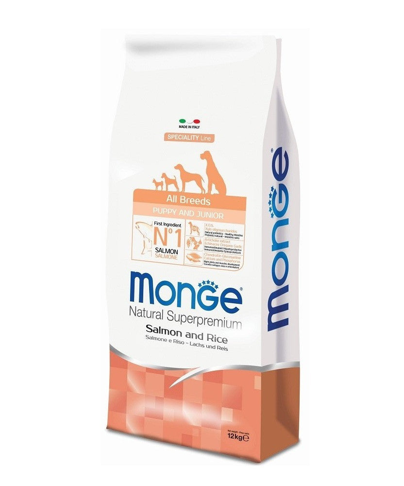MONGE Cane Puppy e Junior All Breeds con Salmone e Riso da 12kg