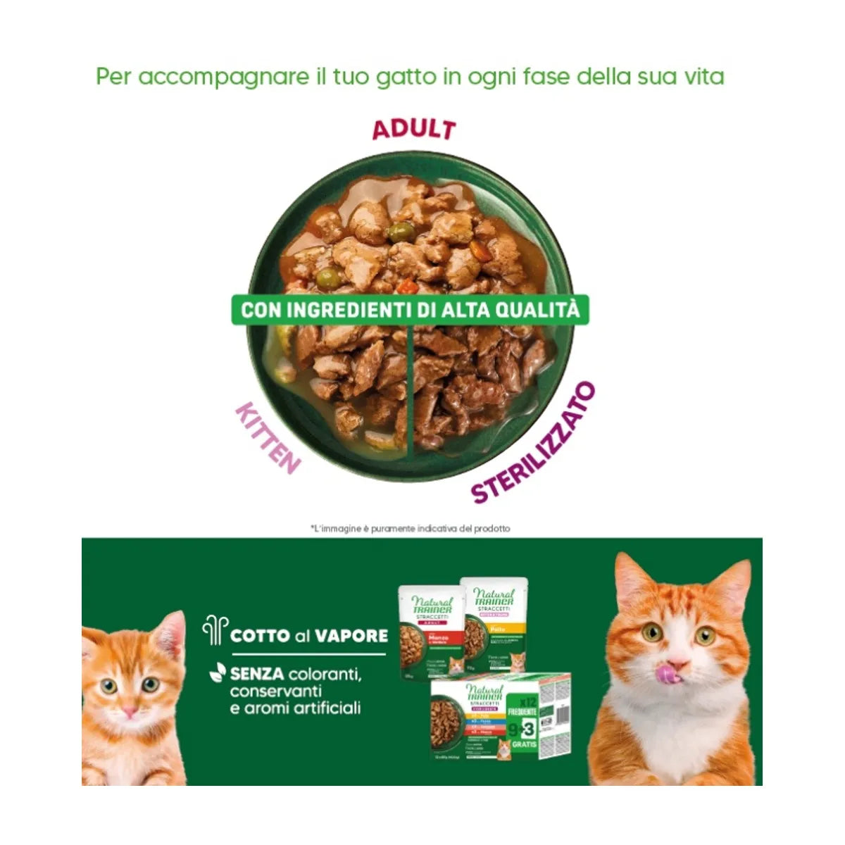 Natural Trainer Cat Sterilizzato Bustine 85gr 9+3 Omaggio 3xPollo 3xTonno 3xSalmone 3xManzo