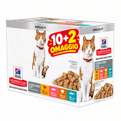 Hill's Feline Sterilized Bustine 85gr  10+2 Omaggio 3xPollo 3xSalmonx3xTacchino3xTrota