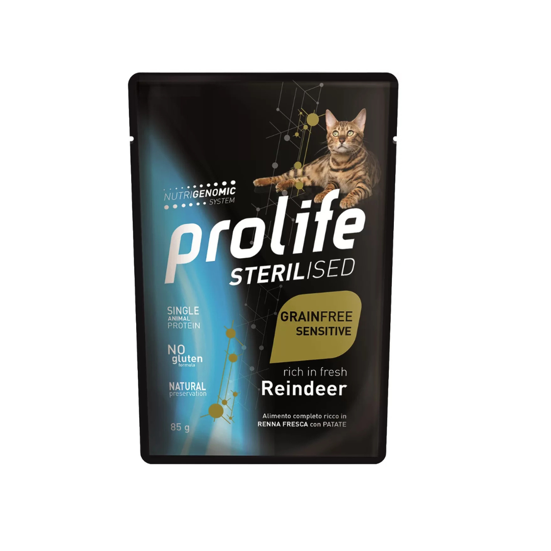 Prolife - Per Gatti Sterilised Grain Free Sensitive Renna Busta 85 Gr