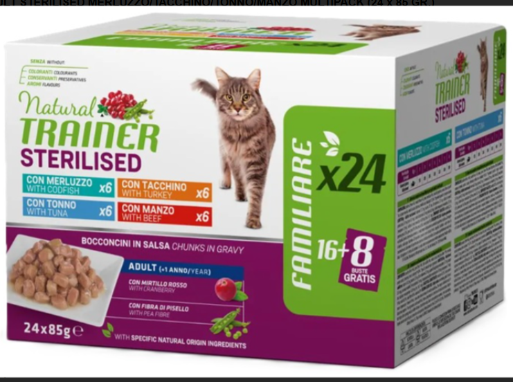 Trainer Natural gatto Sterilizzati  Manzo Merluzzo Tonno e Tacchino 24x85g Multipack
