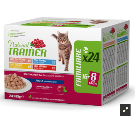 Trainer Natural Gatti Adult con Salmone ,Pollo, Tonno, Manzo da 24x85 gr Multipack