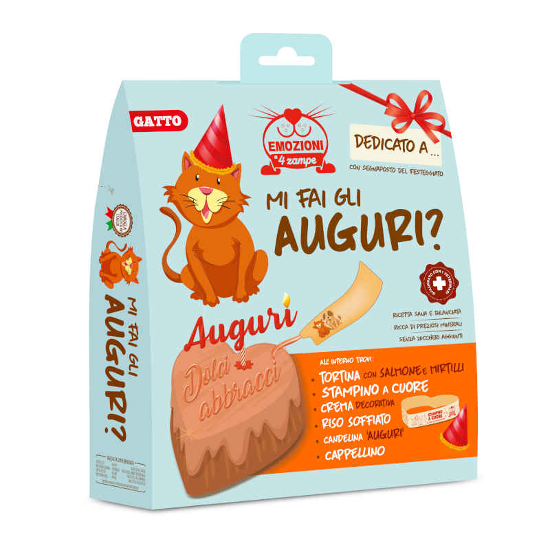 Festeggiamo Insieme Con Candelina, Cappellini e Tortina al Salmone da Personalizzare per il tuo Gatto