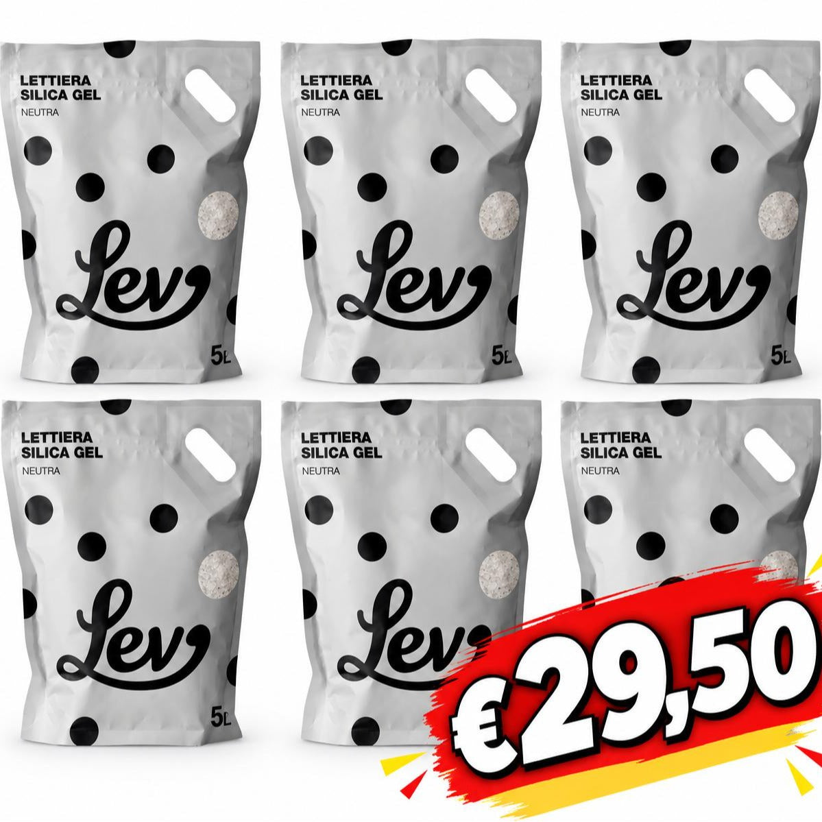 LEV Lettiera Silicia Gel Naturale 5Lx6 - Alta Assorbenza, Controllo Odori, Formula Neutra per Gatti Sensibili