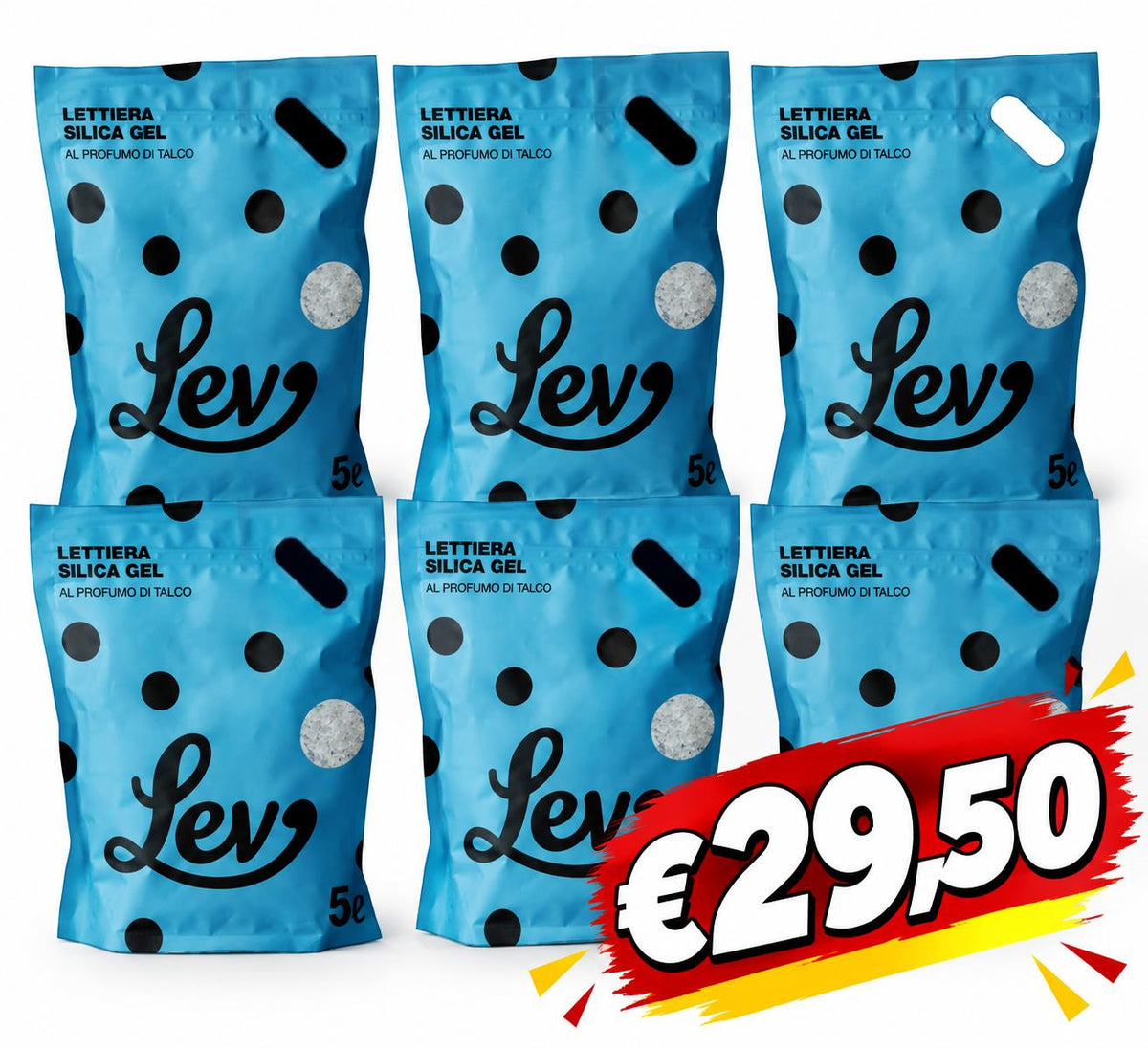 LEV Lettiera Silicia Gel Talco 5Lx6 - Alta Assorbenza, Controllo Odori, Formula Neutra per Gatti Sensibili