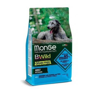 MONGE NATURAL Superpremium BWild Grain Free per Cane Adult All Breeds con Acciughe, Patate e Piselli da 12 Kg
