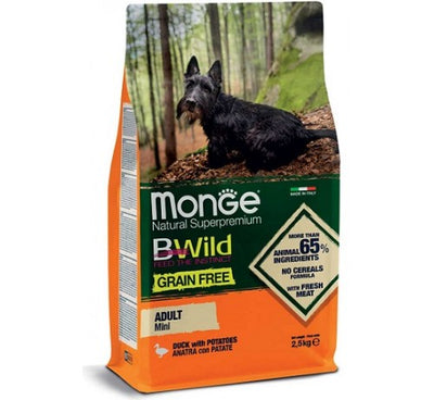 MONGE NATURAL Superpremium BWild Grain Free per Cani Adult Mini con Anatra e Patate da 2,5 Kg