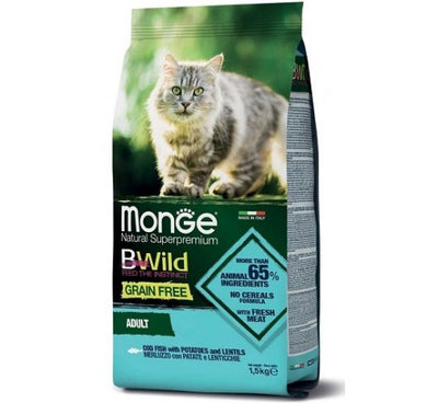 MONGE NATURAL Superpremium BWild Grain Free per Gatti Adult con Merluzzo, Patate e Lenticchie da 1,5 Kg