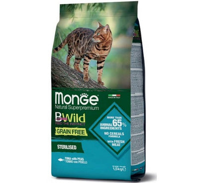 MONGE NATURAL Superpremium BWild Grain Free per Gatti Sterilizzati con Tonno e Piselli da 1,5 Kg